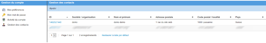 Écran de gestion du compte