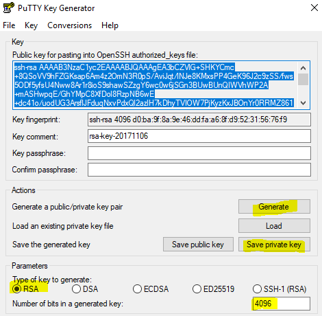 PuTTYgen key generation window