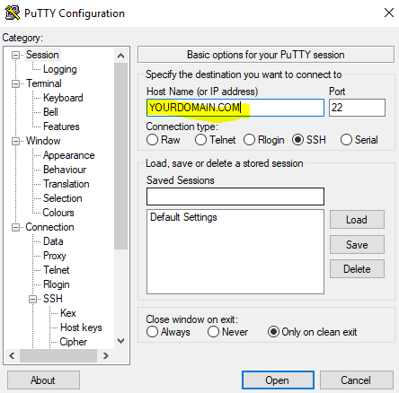 PuTTY session configuration