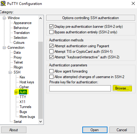 PuTTY SSH authentication settings