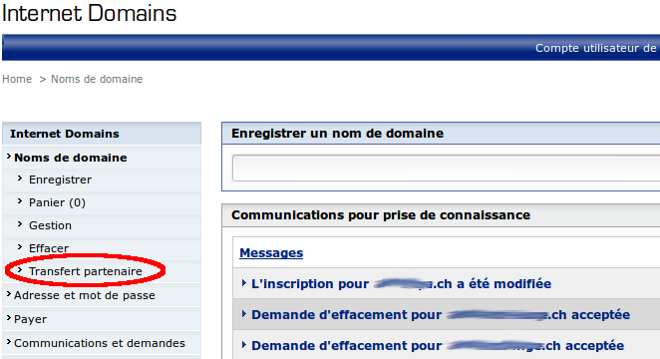Rubrique Transfert de partenaire