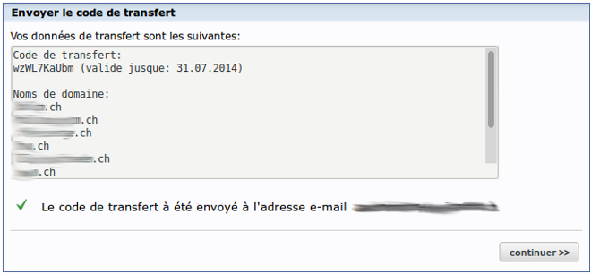 Champ de saisie du code de transfert sur le site SwissCenter
